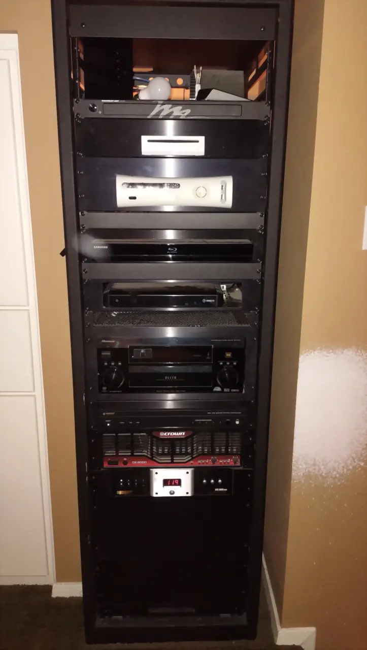 Full-height AV equipment rack with receiver, amplifier and media components installed