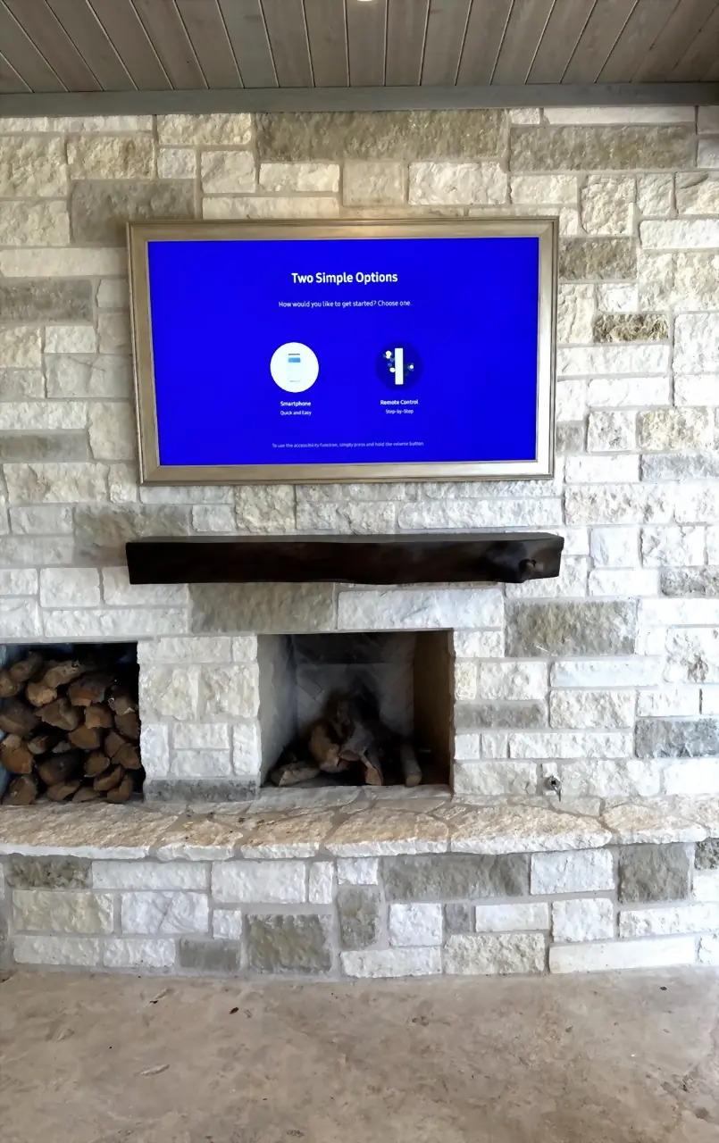 Outdoor covered patio with a Samsung Frame TV mounted on cream ledgestone above a live-edge mantel